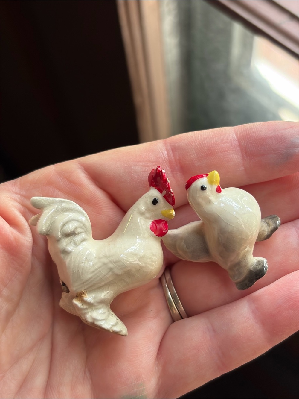 Two VTG retired Hagen Renaker Rooster and Hen Chicken Miniatures